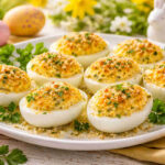 Piatto da portata su tavola pasquale con delle uova ripiene scenografiche e gustose