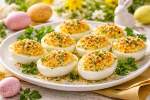 Piatto da portata su tavola pasquale con delle uova ripiene scenografiche e gustose