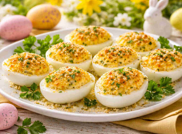 Piatto da portata su tavola pasquale con delle uova ripiene scenografiche e gustose