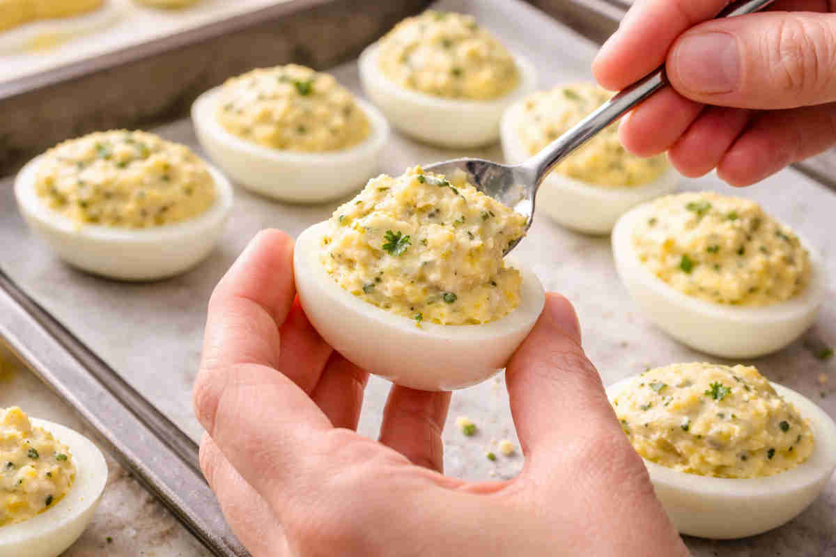 teglia da forno con delle uova ripiene appena farcite