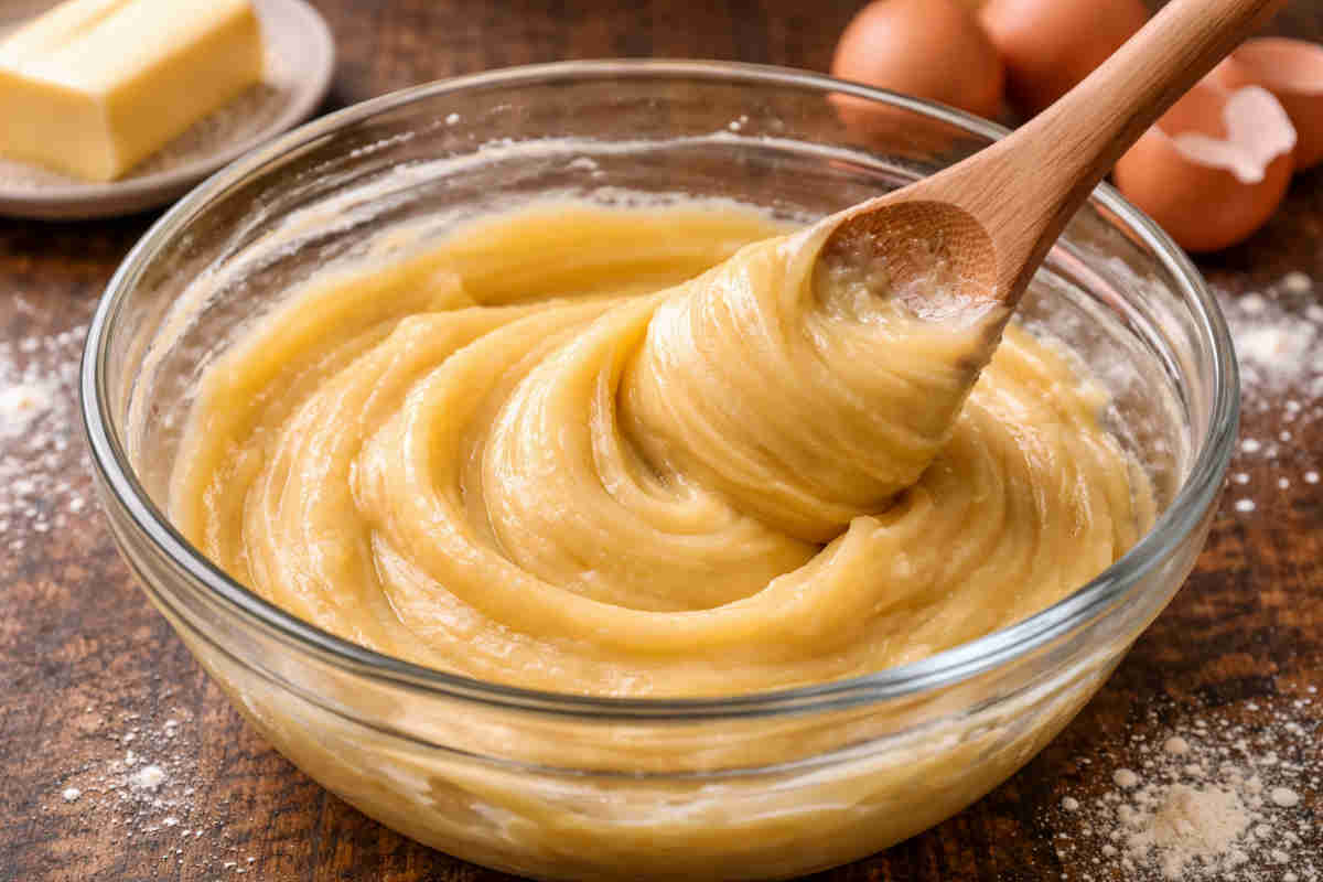 Ciotola in vetro con le zeppole di san giuseppe da fare al forno con ripieno di crema al cioccolato