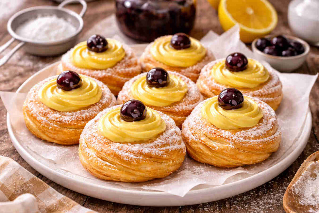 Piatto da portata con sopra delle zeppole di san giuseppe senza glutine spolverizzate con dello zucchero a velo