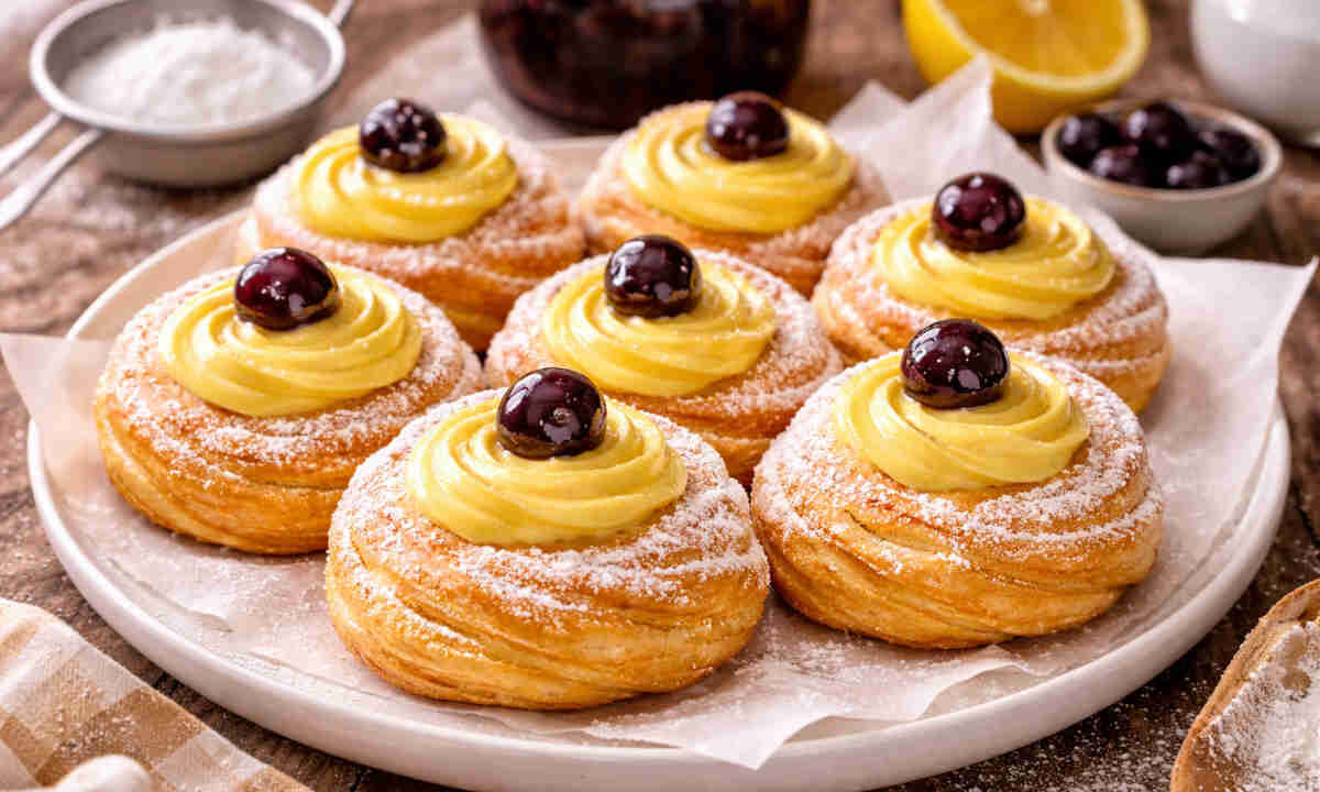 Piatto da portata con sopra delle zeppole di san giuseppe senza glutine spolverizzate con dello zucchero a velo