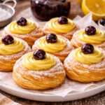 Piatto da portata con sopra delle zeppole di san giuseppe senza glutine spolverizzate con dello zucchero a velo