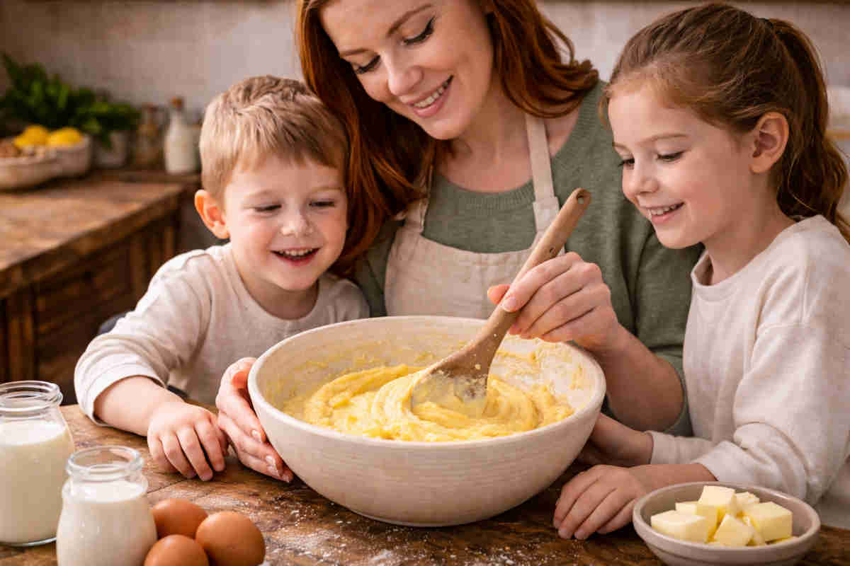 Mamma con bambini che preparano l'impasto per le zeppole di San Giuseppe senza glutine