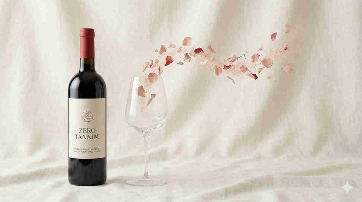 Vino rosso bombino su tovaglia bianca con calice accanto