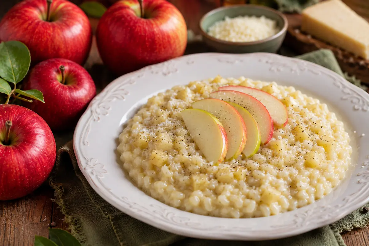 Risotto alle mele su piatto di ceramica bianco