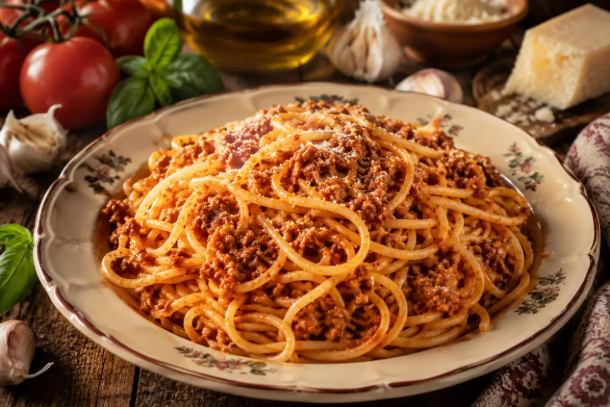 Spaghetti al ragu in piatto di ceramica con ingredienti intorno