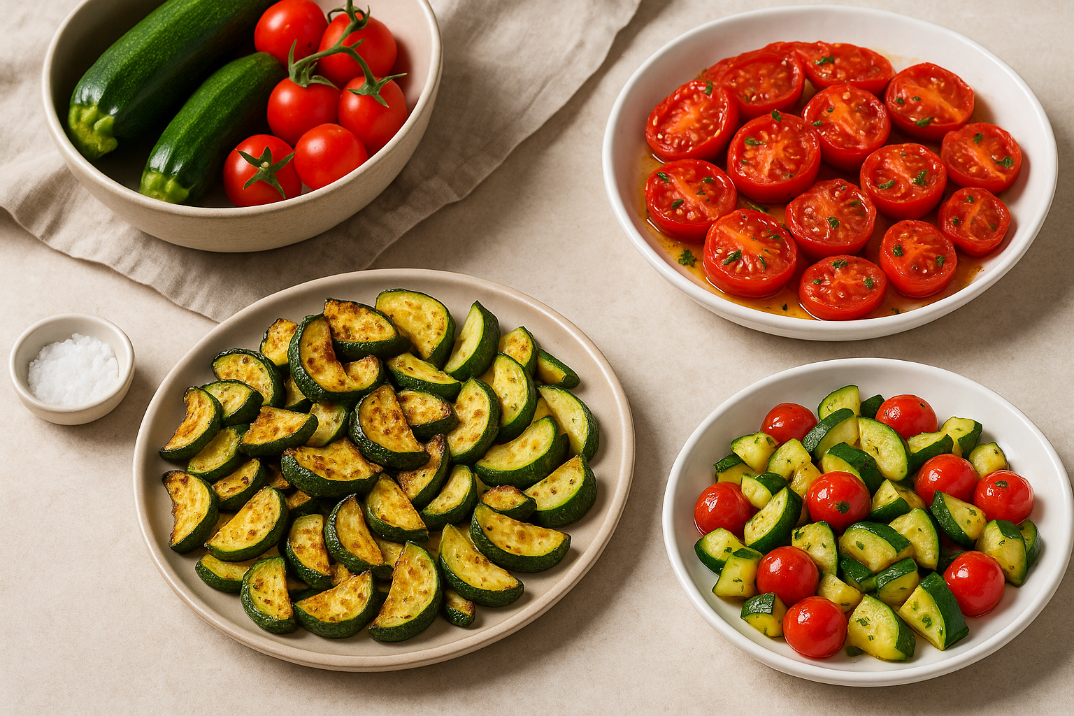 Contorni e verdure estive: pomodorini marinati, zucchine grigliate e frittata in friggitrice ad aria