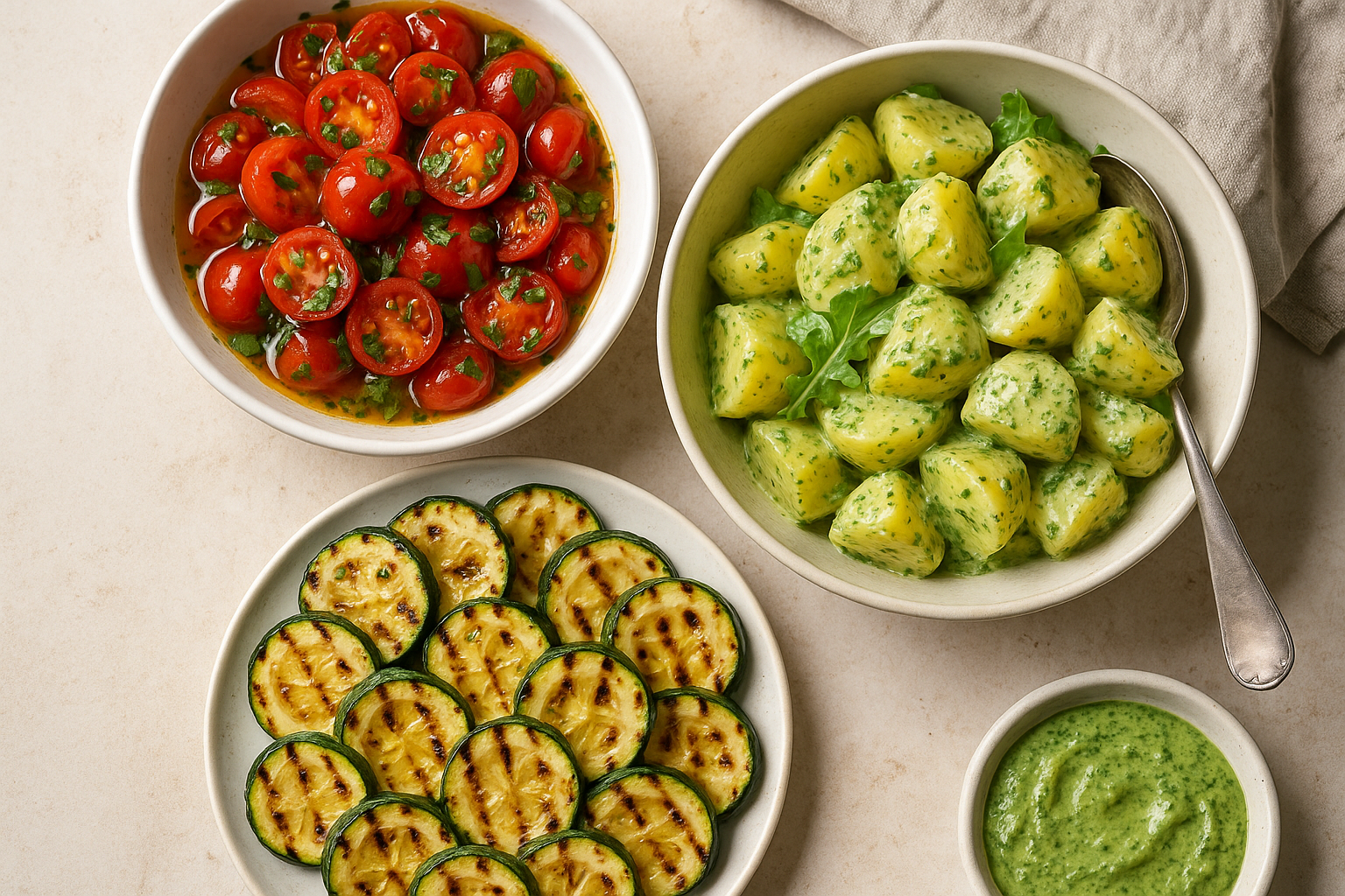 Contorni estivi veloci: pomodorini marinati, zucchine grigliate e insalata di patate con rucola