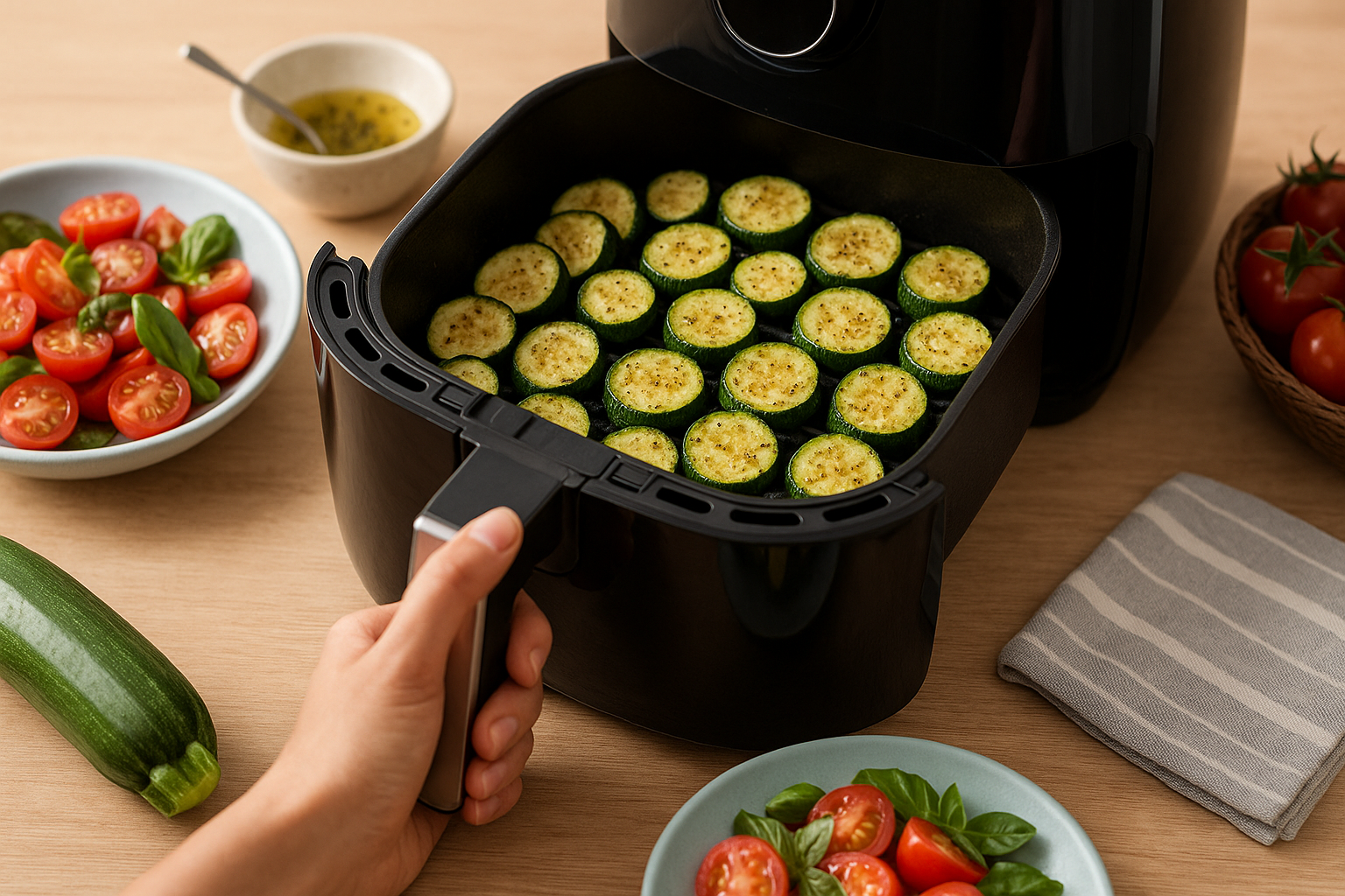 Contorni e verdure estive: pomodorini marinati, zucchine grigliate e frittata in friggitrice ad aria (2)