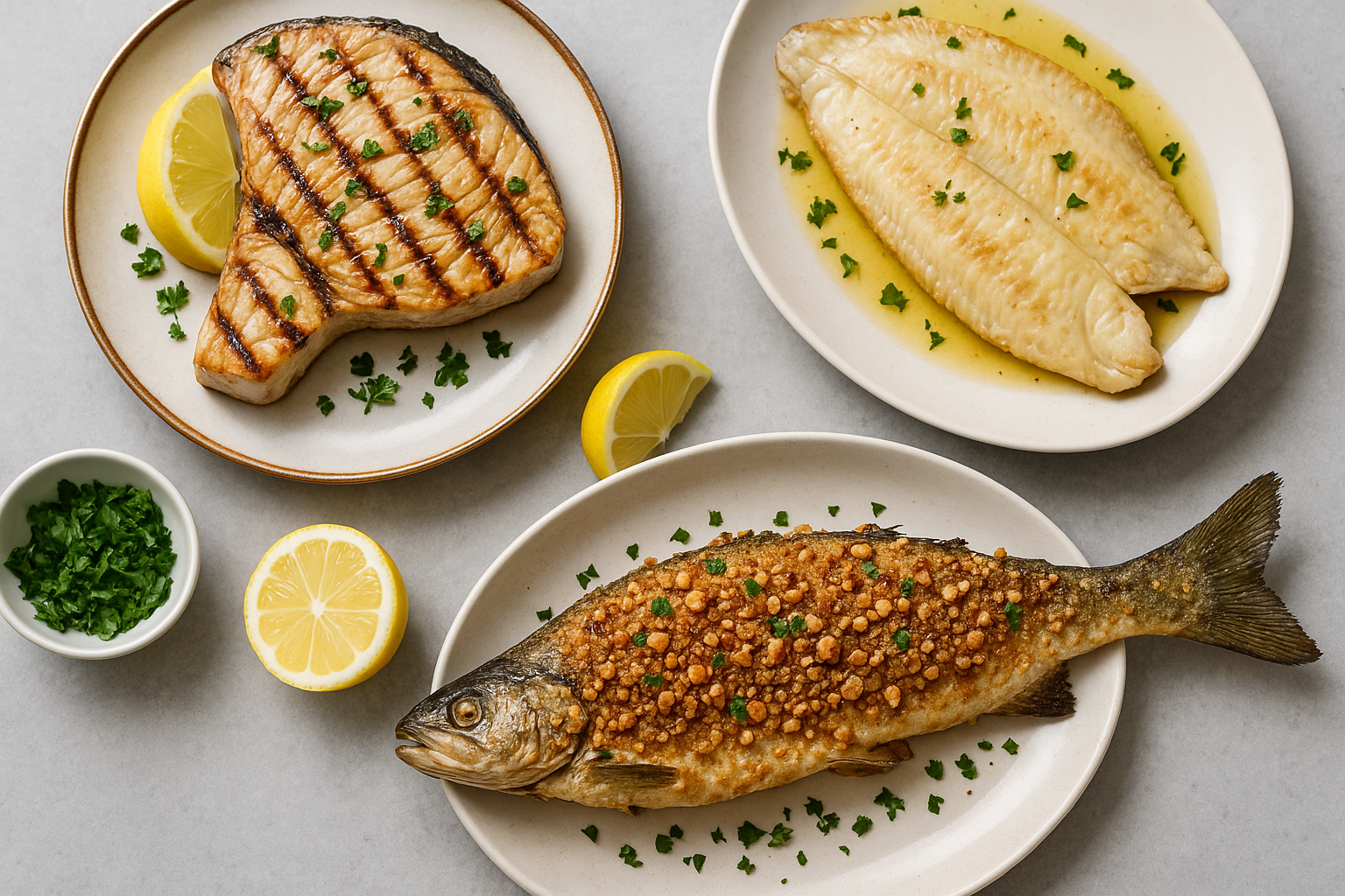 Pesce estivo alla griglia: pesce spada, sogliola e trota in crosta di nocciole