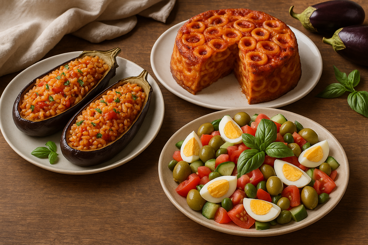 Piatti unici estivi: melanzane ripiene, timballo siciliano e pasta con verdure di stagione