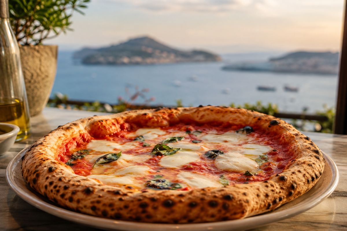 Primo piano su una pizza margherita e panorama napoletano dietro