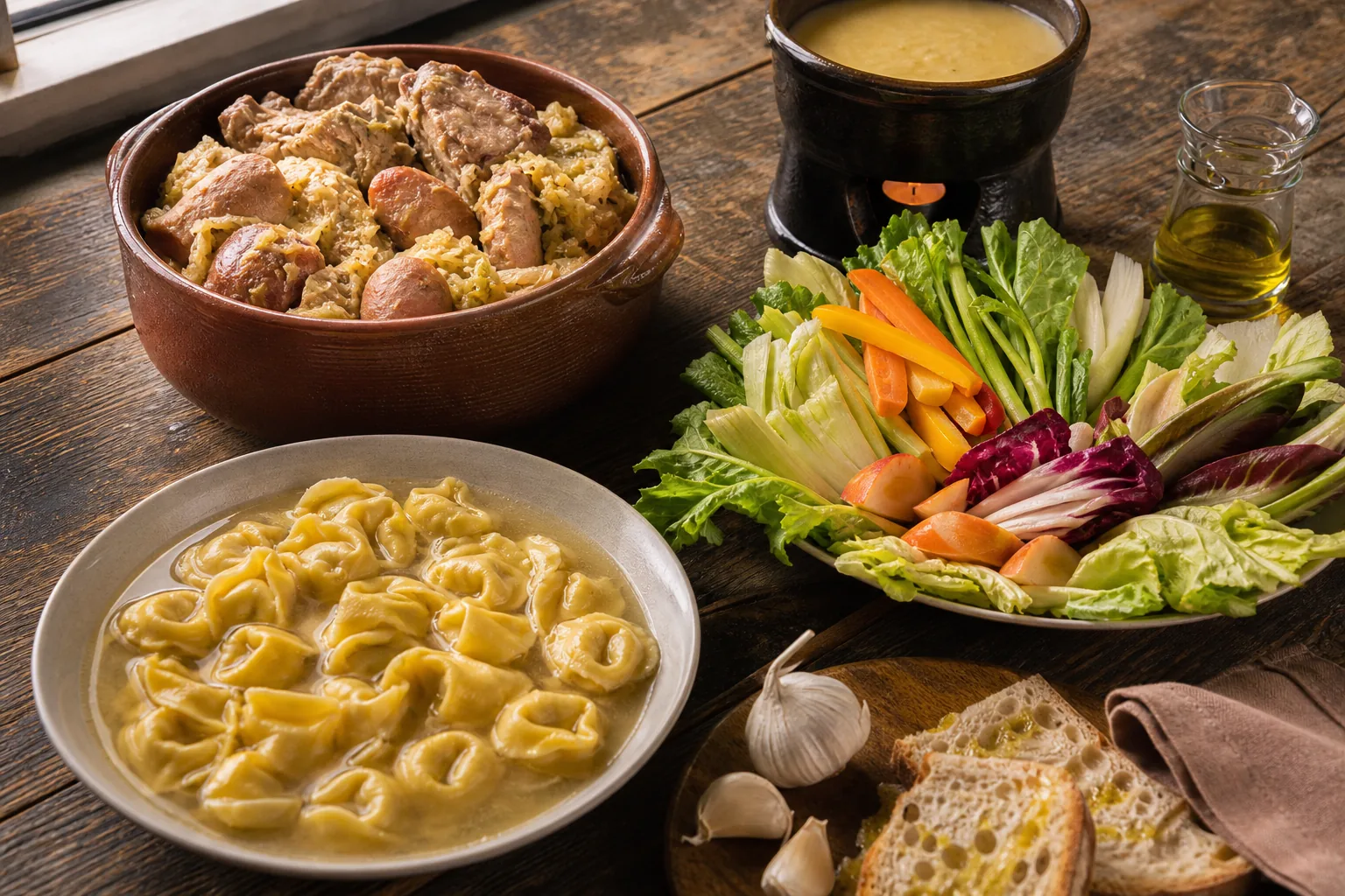 Piatti tradizionali invernali: cassoeula lombarda, bagna cauda piemontese, tortellini in brodo