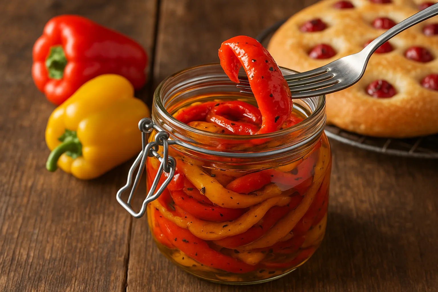 Conserve e preparazioni di stagione: peperoni sott'olio e focaccia dolce con uva (2)