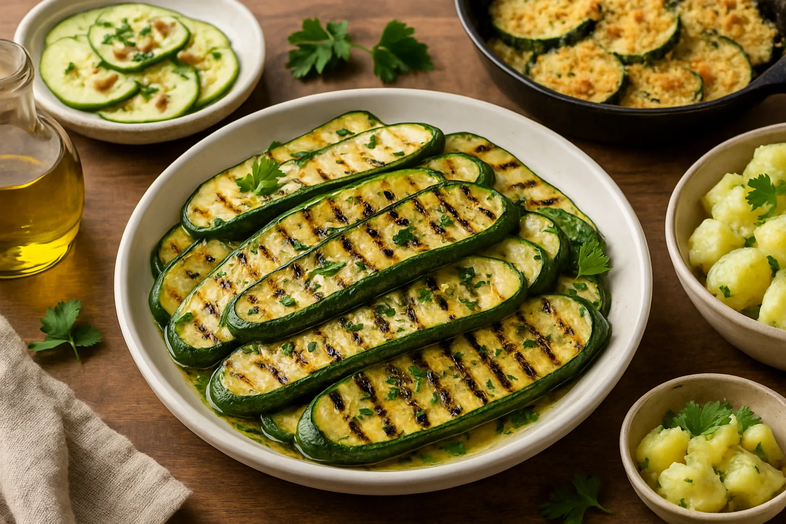 Verdure estive grigliate e marinate: zucchine, carpaccio e insalate di stagione