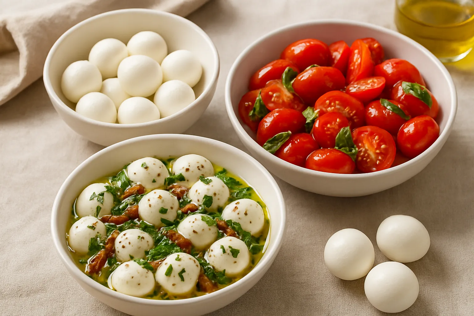 Contorni e antipasti marinati: mozzarella alla ligure, pomodorini al basilico e mozzarelline con pomodori secchi